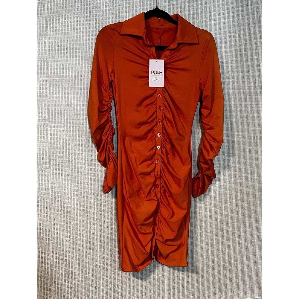 Pure Vanity Women’s Orange Ruched Button Front Shirt Dress Long Sleeve NWT - Picture 2 of 3